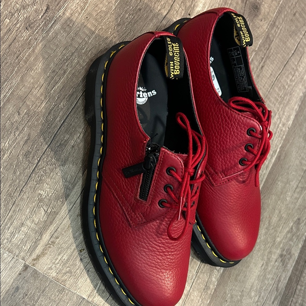 Dr. Martens Women's Red Leather Lace-Up Flats with Yellow Stitching - Picture 2 of 5